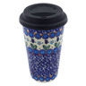 Polish Pottery Travel Coffee Mug Blue Tulip Garden UNIKAT