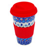 Polish Pottery Travel Coffee Mug with Sleeve Blue Tulip Garden UNIKAT