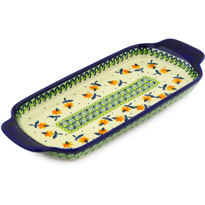 Polish Pottery Tray with Handles 12-inch Orange Forget Me Not