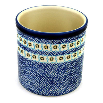 Polish Pottery Utensil Jar 6&quot; Woven Blue Basket