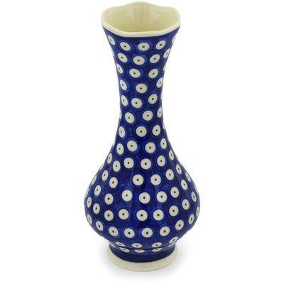 Polish Pottery Vase 10&quot; Blue Eyed Peacock