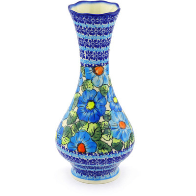 Polish Pottery Vase 11&quot; Bold Blue Poppies UNIKAT