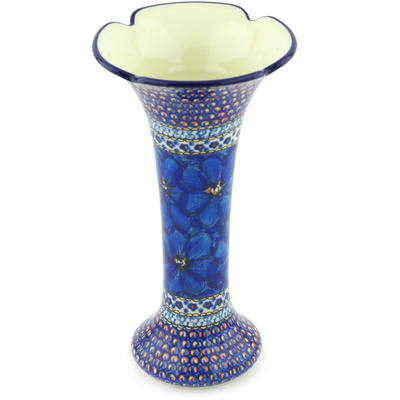 Polish Pottery Vase 11&quot; Cobalt Poppies UNIKAT