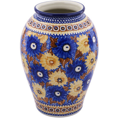 Polish Pottery Vase 12&quot; Autumn Chrysanthemums UNIKAT