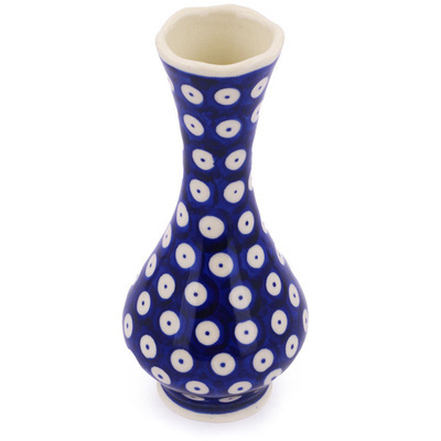 Polish Pottery Vase 7&quot; Blue Eyed Peacock