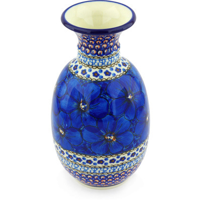 Polish Pottery Vase 8&quot; Cobalt Poppies UNIKAT