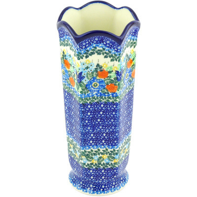 Polish Pottery Vase 9&quot; Brilliant Blue Bouquet UNIKAT