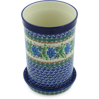 Polish Pottery Wine Chill with Saucer 8&quot; Sapphire Lotus UNIKAT