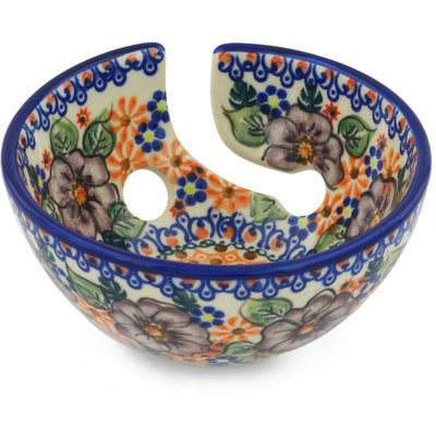Polish Pottery Yarn Bowl 6&quot; Mauve Poppies UNIKAT