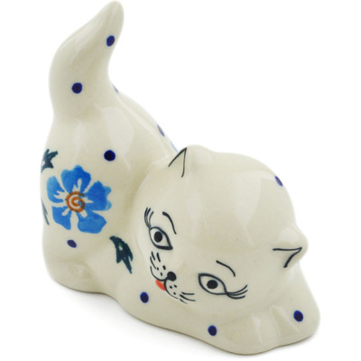 Polish Pottery Cat Figurine 3&quot; Blue Cornflower