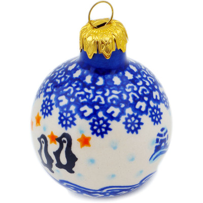 Polish Pottery Christmas Ball Ornament 3&quot; Penguin Snowflake Hour