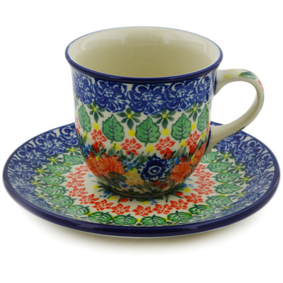 Polish Pottery Cup with Saucer 7 oz Red Bouquet UNIKAT