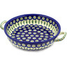 Polish Pottery Round Baker with Handles 10-inch Medium Peacock Leaves