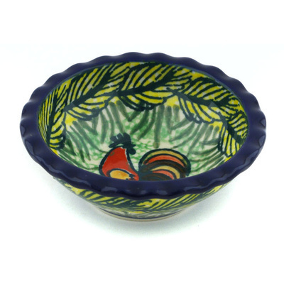 Polish Pottery Scalloped Bowl 3&quot; Rooster Parade UNIKAT