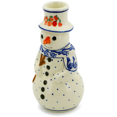 Polish Pottery Snowman Candle Holder 6&quot; Fruit Wave