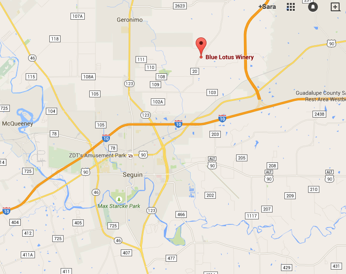 Map to Blue Lotus Winery, where you can find delicious Bar-b-q, wine/mead, and pottery