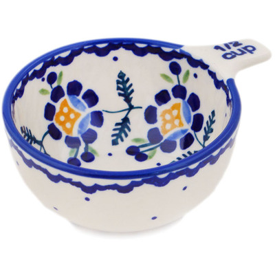 Polish Pottery 1/2 Cup Measuring Cup Orange And Blue Flower