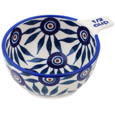 Polish Pottery 1/2 Cup Measuring Cup Peacock Train UNIKAT