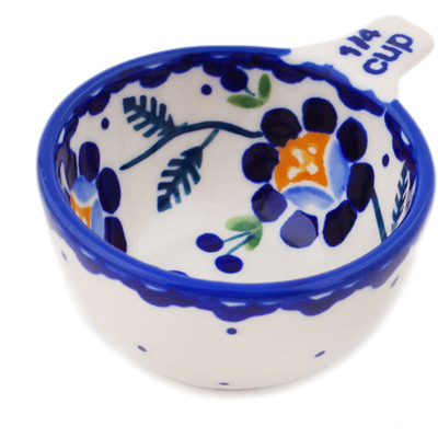Polish Pottery 1/4 Cup Measuring Cup Orange And Blue Flower