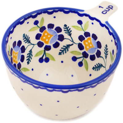 Polish Pottery 1 Cup Measuring Cup Orange And Blue Flower