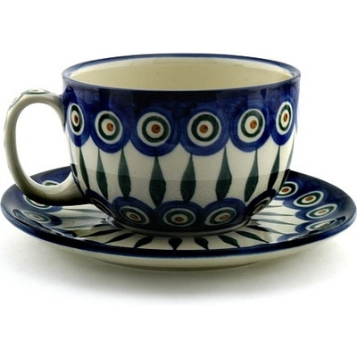Polish Pottery  12 oz Peacock Leaves
