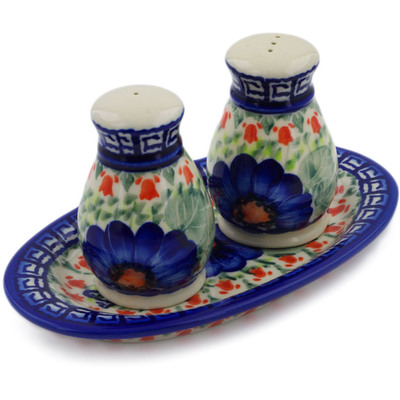 Polish Pottery 3-Piece Salt and Pepper Set with Tray Brilliant Butterfly Popp UNIKAT