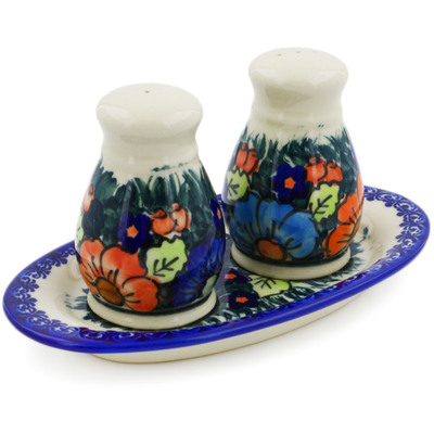 Polish Pottery 3-Piece Salt and Pepper Set with Tray Butterfly Splendor UNIKAT