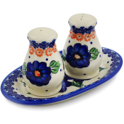 Polish Pottery 3-Piece Salt and Pepper Set with Tray Greek Poppies