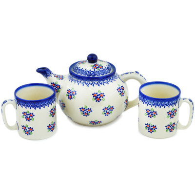 Polish Pottery 3-Piece Tea Coffee Set for Two Bright Bunches