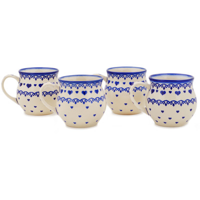 Polish Pottery 4 Bubble Mugs Blue Valentine Hearts