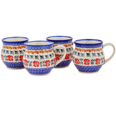 Polish Pottery 4 Bubble Mugs Red Cornflower