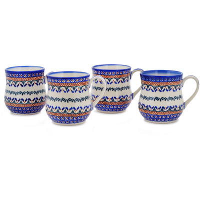 Polish Pottery 4 Mugs Blue Cress