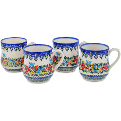 Polish Pottery 4 Mugs Ring Of Flowers UNIKAT
