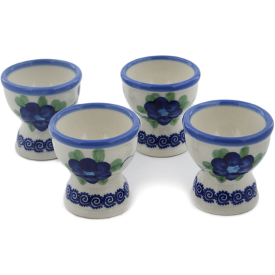 Polish Pottery 4-Piece Egg Holder Set Blue Poppies