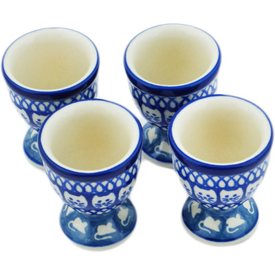 Polish Pottery 4-Piece Egg Holder Set Cat And Mouse Brigade UNIKAT