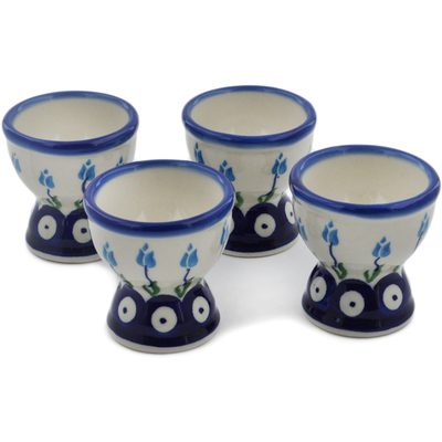 Polish Pottery 4-Piece Egg Holder Set Peacock Tulip Garden