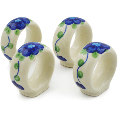 Polish Pottery 4-Piece Napkin Rings Set Blue Poppies