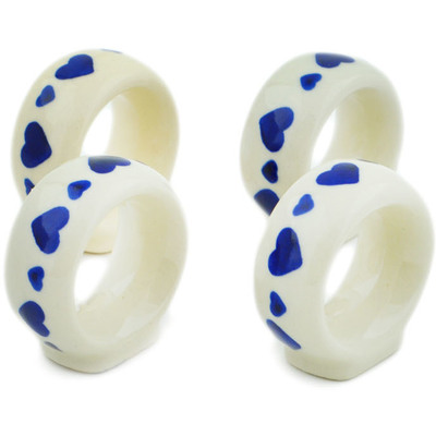 Polish Pottery 4-Piece Napkin Rings Set Blue Valentine Hearts