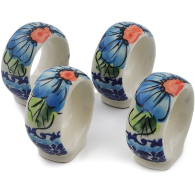 Polish Pottery 4-Piece Napkin Rings Set Bold Blue Poppies UNIKAT