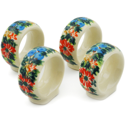 Polish Pottery 4-Piece Napkin Rings Set Ring Of Flowers UNIKAT