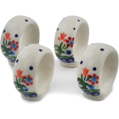 Polish Pottery 4-Piece Napkin Rings Set Spring Flowers