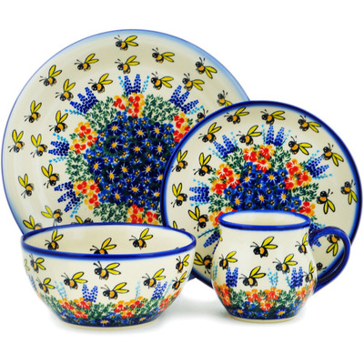 Polish Pottery 4-Piece Place Setting Bee Fun UNIKAT