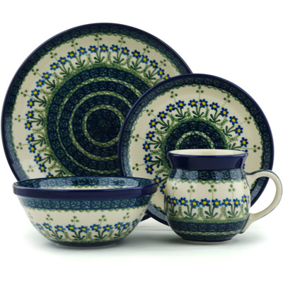 Polish Pottery 4-Piece Place Setting Blue Daisy Circle