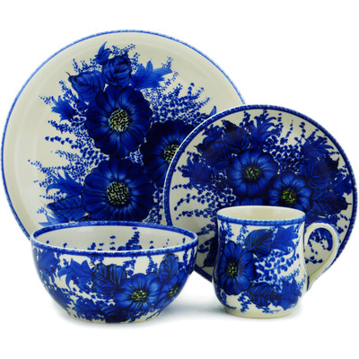 Polish Pottery 4-Piece Place Setting Blue Poppy Dream UNIKAT