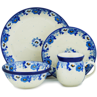 Polish Pottery 4-Piece Place Setting Blue Spring Blue