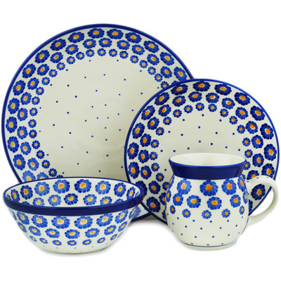 Polish Pottery 4-Piece Place Setting Blue Zinnia