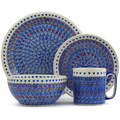 Polish Pottery 4-Piece Place Setting Colorful Love