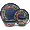 Polish Pottery 4-Piece Place Setting Delicate Red Flowers