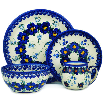 Polish Pottery 4-Piece Place Setting Field Of Blue UNIKAT