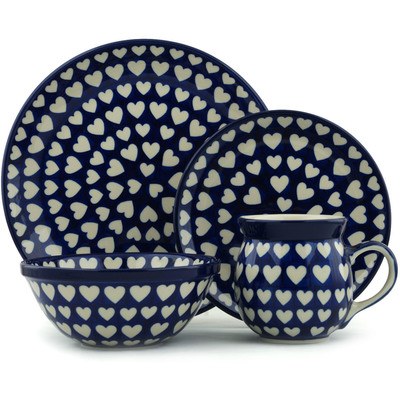 Polish Pottery 4-Piece Place Setting Hypnotic Hearts